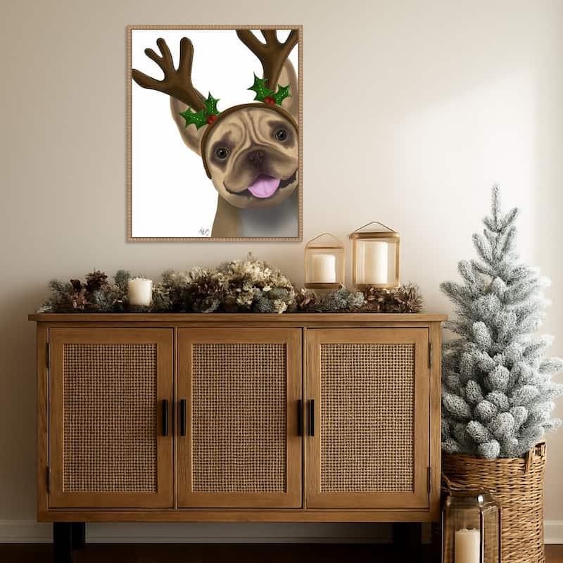 French Bulldog Antlers 2 by Fab Funky (23 x 28 in.), Framed Canvas Wall Art Print - Sylvie Beaded Rustic Natural