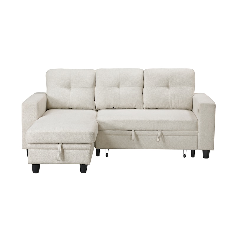 Hazel Boucle Sectional Sofa - Reversible Chaise, Pull-out Bed, Shelves
