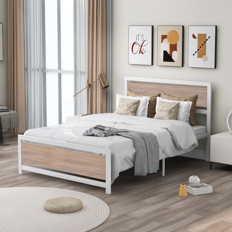 Metal and Wood Platform Bed Frame with Headboard & Footboard