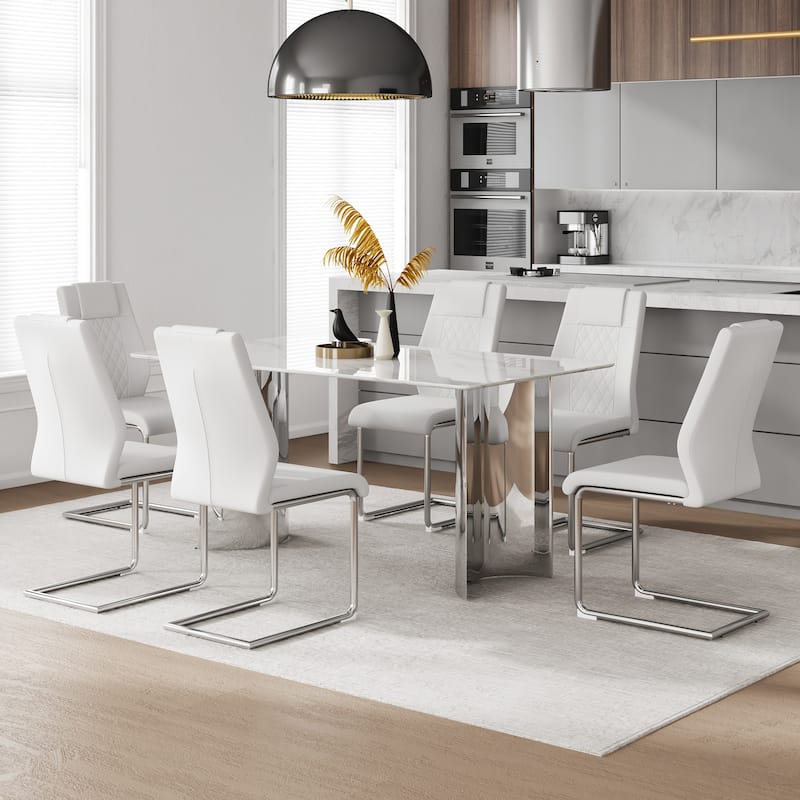 Modern 7-Piece Dining Table and Chair Set, 63" Faux Marble Glass Table with Stainless Steel Legs and PU Dining Chair