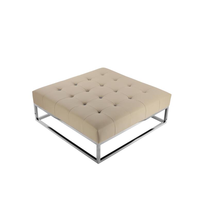 Ipp Ottoman, 40 Inch Square Tufted Beige Faux Leather, Chrome Steel