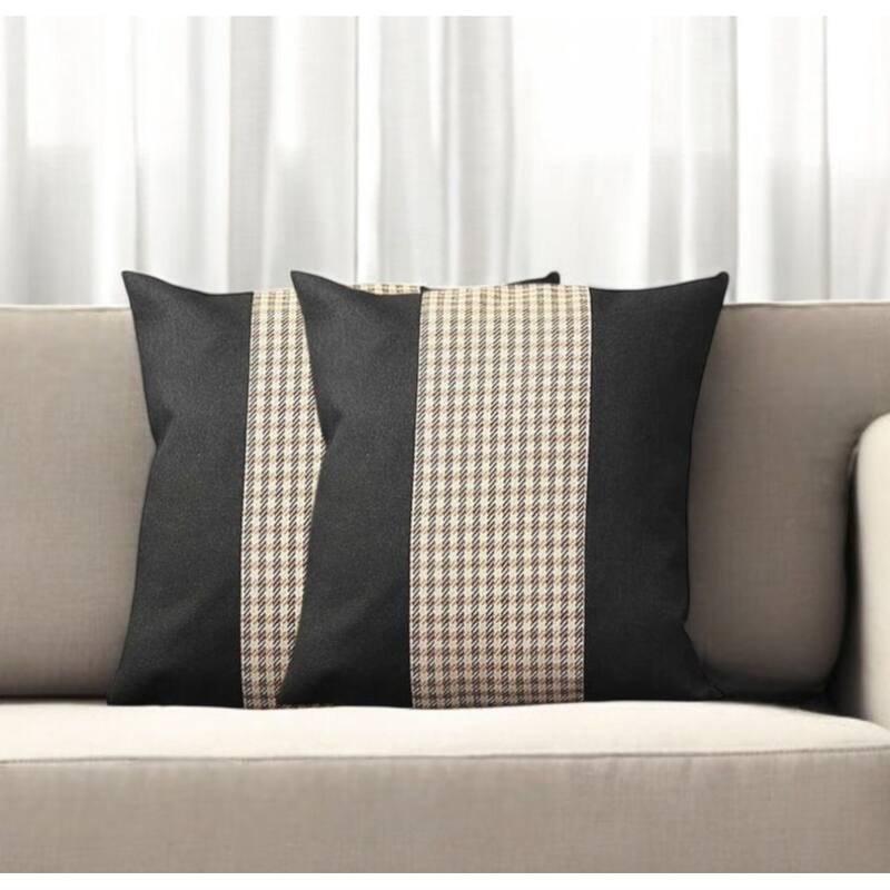 Set of Two 18" Black Brown and White Houndstooth Fabric Throw Pillows - White/Brown/Black