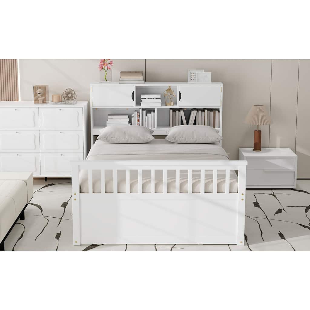 Full Size Captain Platform Bed Frame With Storage Bookcases And Shelves,Four Drawers