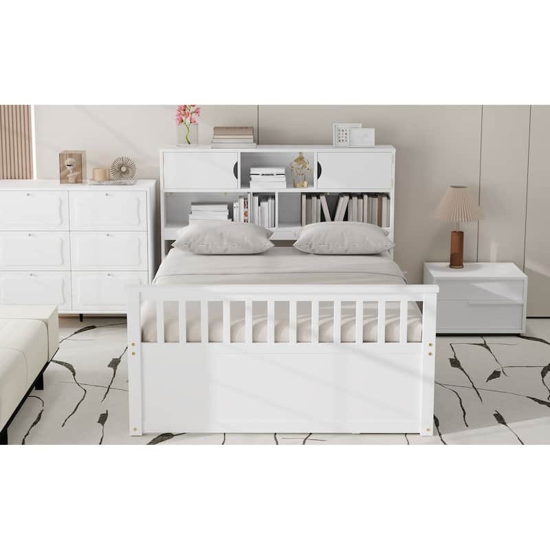 White Full Size Platform Bed Frame with Bookcase Headboard and 4 Drawers for Storage Easy Assembly