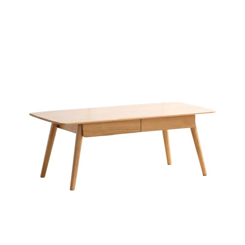 Natural Solid Oak Coffee Table with Storage Shelf, Easy Assembly