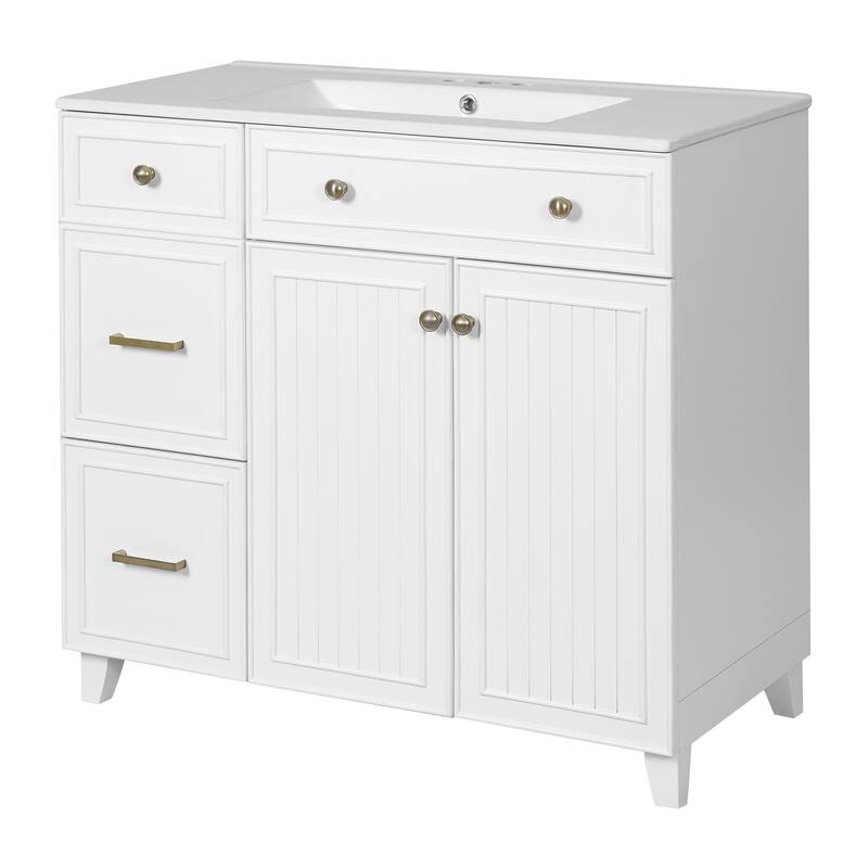 36 inch Bathroom Vanity with Ceramic Sink, Soft Close Doors, Shelves
