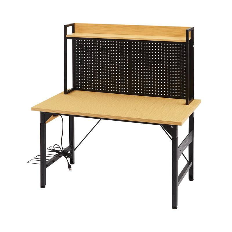 48''Adjustable Workbench with pegboard,Heavy Duty Wooden Desktop Workbench with Wheels,1600 lb.Load Capacity,with AC/USB Outlet