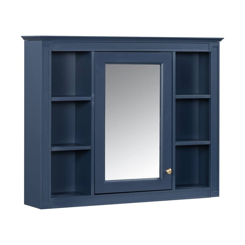35 in. W x 27.5 in. H Rectangular Wood Medicine Cabinet with Mirror and 6 Open Shelves - Blue