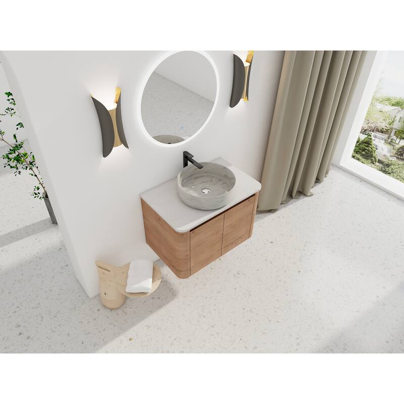 30'' Wall-Mounted Bathroom Vanity With Ceramic Art Sink & 2-Soft-Close Door, KD-Packing, Plywood
