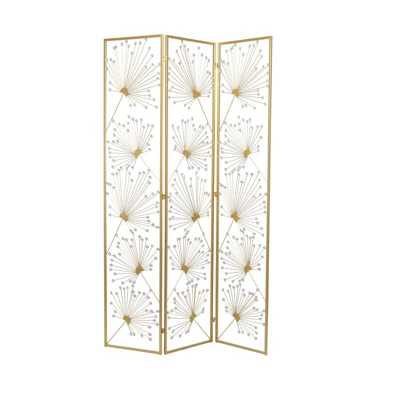 Metal Floral Hinged Foldable Partition 3 Panel Room Divider Screen with Crystal Embellishments - Gold - Roche River Decor - Gold
