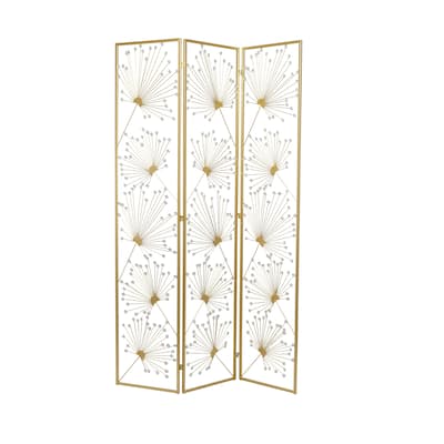 Metal Floral Hinged Foldable Partition 3 Panel Room Divider Screen with Crystal Embellishments - Gold - Roche River Decor