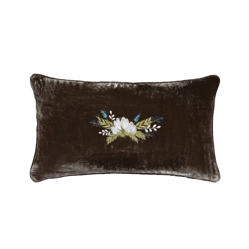 HiEnd Accents Stella Western Floral Embroidered Faux Silk Velvet Pillow - 14"x24" - Green Ochre