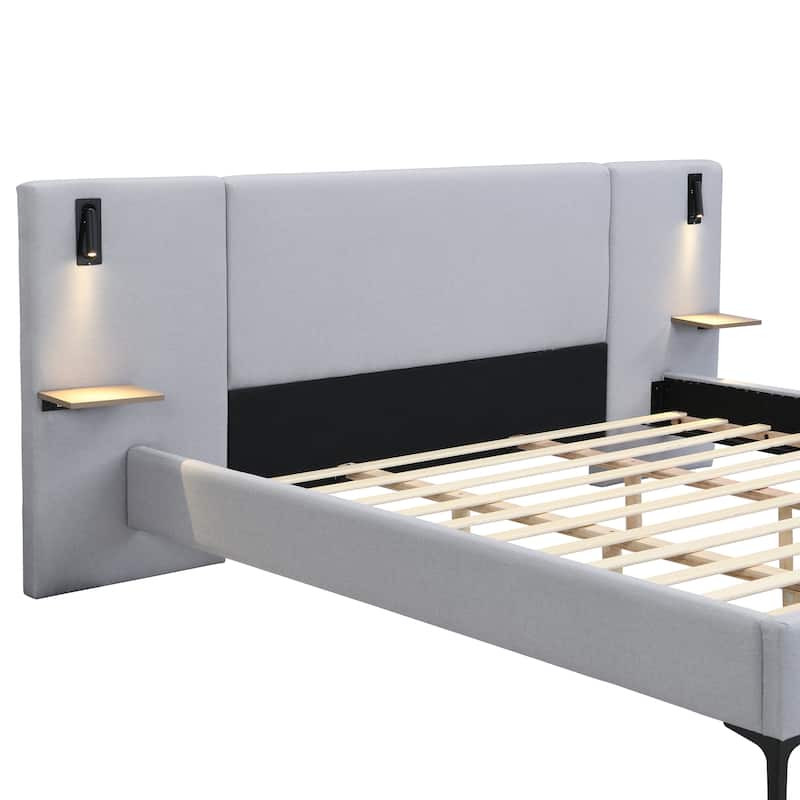 Linen Upholstered Frame Wingback Bed Built-in Lights and Shelves