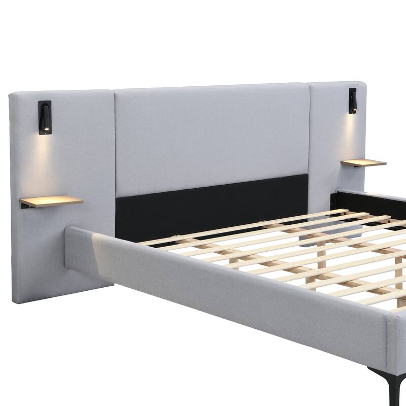 Roomfitters Linen Upholstered Bed with Integrated Lights and Shelves, Gray