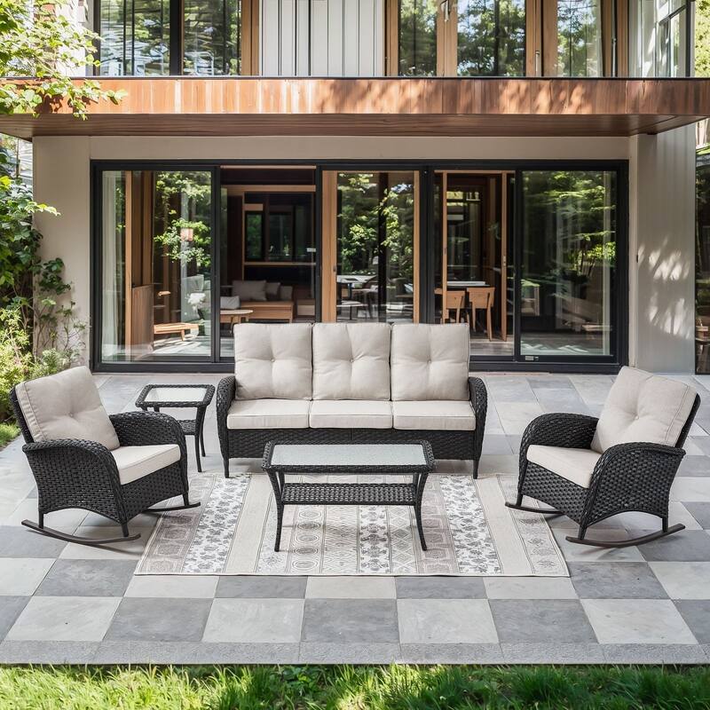 Gymojoy Outdoor Wicker Patio Furniture Sofa Set - Luxurious Comfort, Weather-Resistant - 5-Piece - Sofa & Rocking Chairs - Black Wicker / Beige Cusion