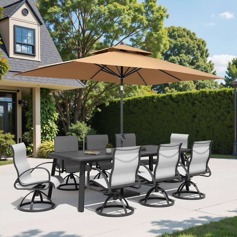 11-Piece Outdoor Dining Set Aluminum Table and Swivel Sunbrella Dining Chairs with Umbrella and Base - Augustine Oyster