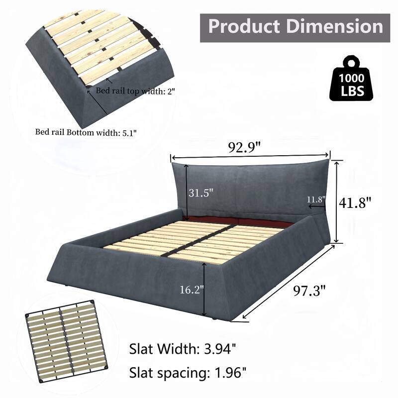 King Size Upholstered Platform Bed with Special Shaped Velvet Headboard