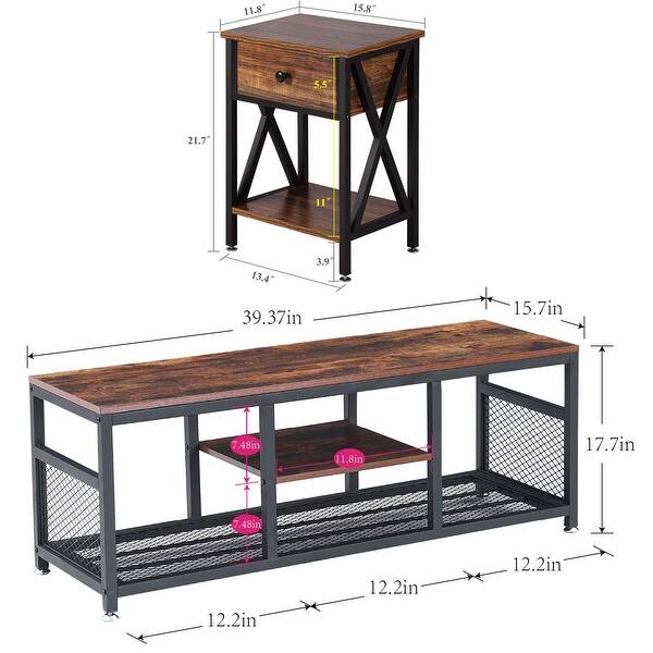 Industrial 3Pieces Coffee Table Set, Grey Coffee Table and Nightstand