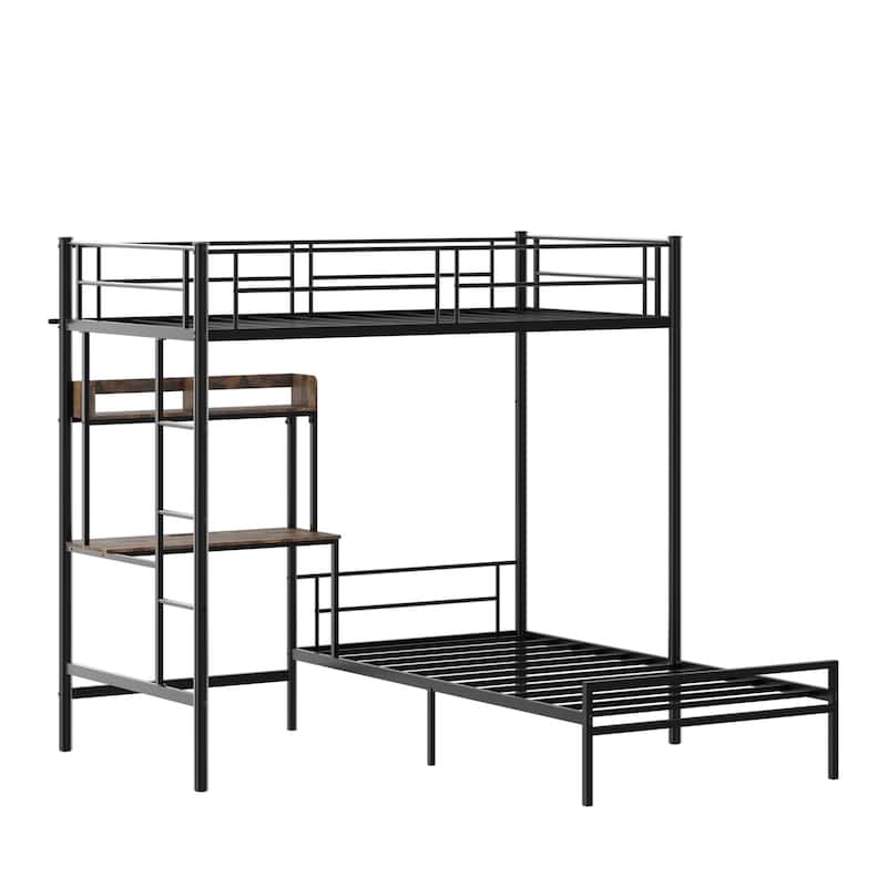 Bunk Bed Twin Over Twin Size with Desk and Charging Station,L-Shaped Bunk Bed with Shelves and Bookcase,Guardrail and Ladder