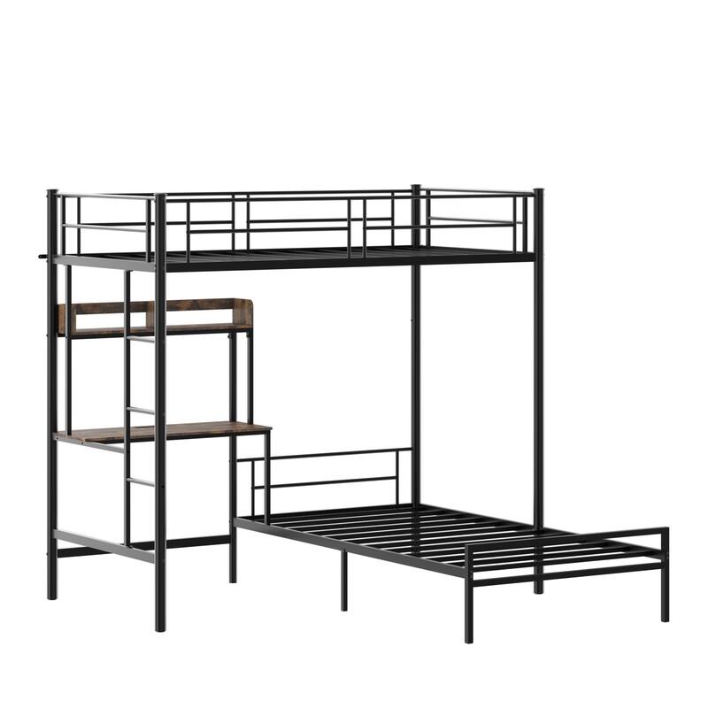 Roomfitters Twin Over Twin Bunk Bed with L-Shaped Desk, Charging Station, Storage Shelves & Safety Guardrails, Black