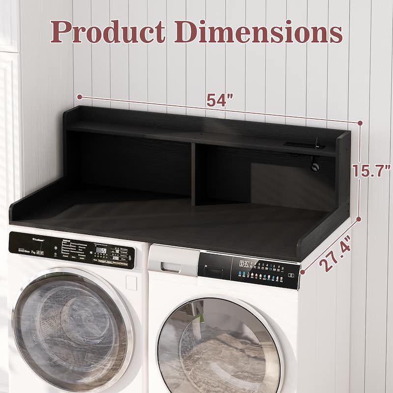 54" x 27.4" Laundry Countertop for Washer and Dryer with Non-Slip Pads，LED Lights，Power Outlets