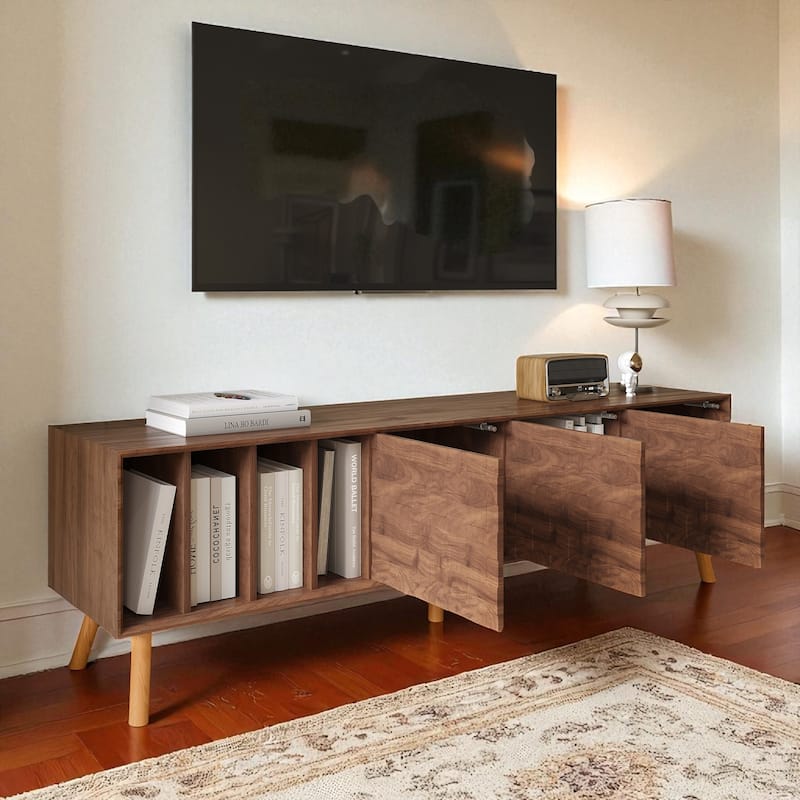 70.8 Inch Mid-Century Modern TV Stand with Storage, Media Console Table with Cabinets & Open Shelves for TVs Up to 80 Inch