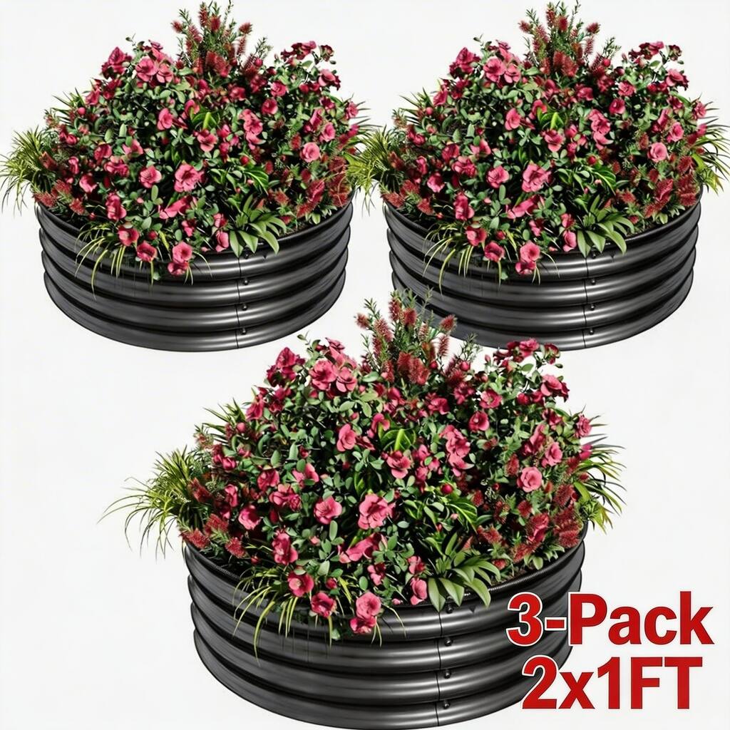 3-Pack 2x1FT Galvanized Raised Garden Beds Round Metal Planter Box Kitfor Vegetables Flowers and Fruits Black