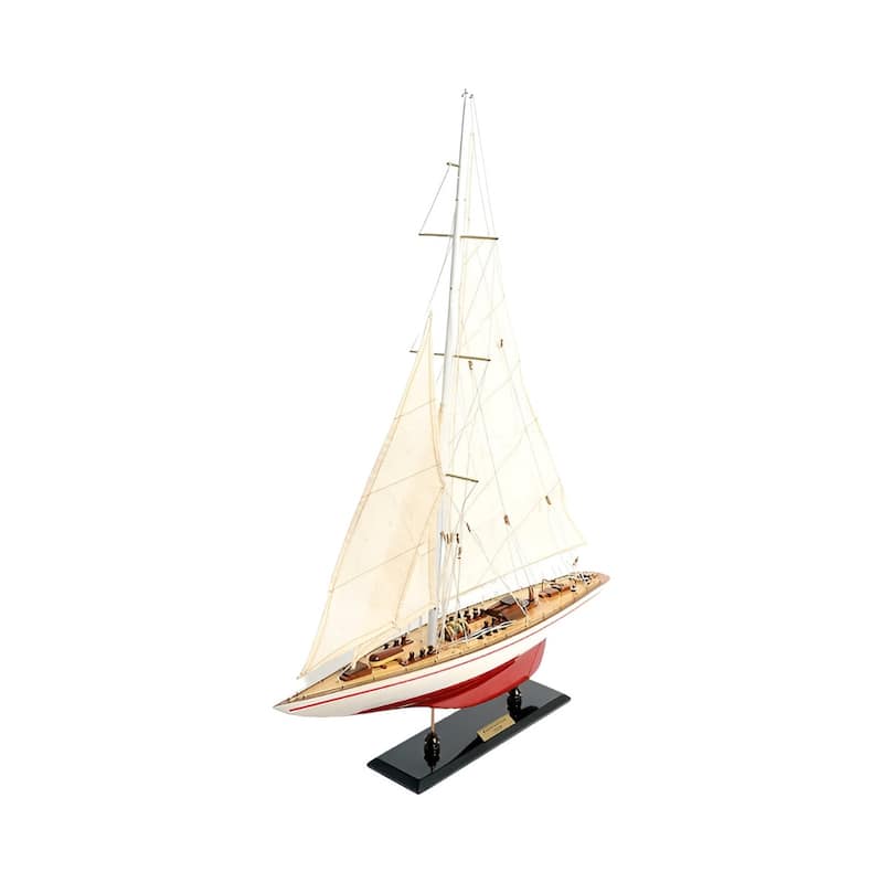 HomeRoots 32" Red and White Solid Wood Hand Painted p-Oxybis(benzenesulfonyl hydrazide) Model Boat - 24' X '31.5' X '4.5