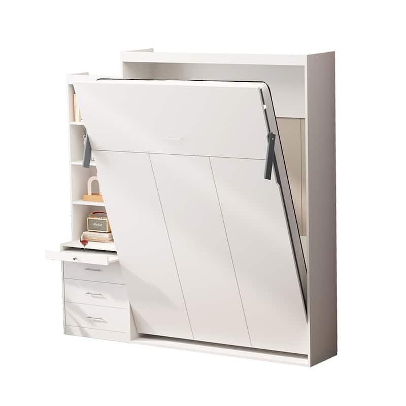 White Full Murphy Bed with Shelves and Drawers