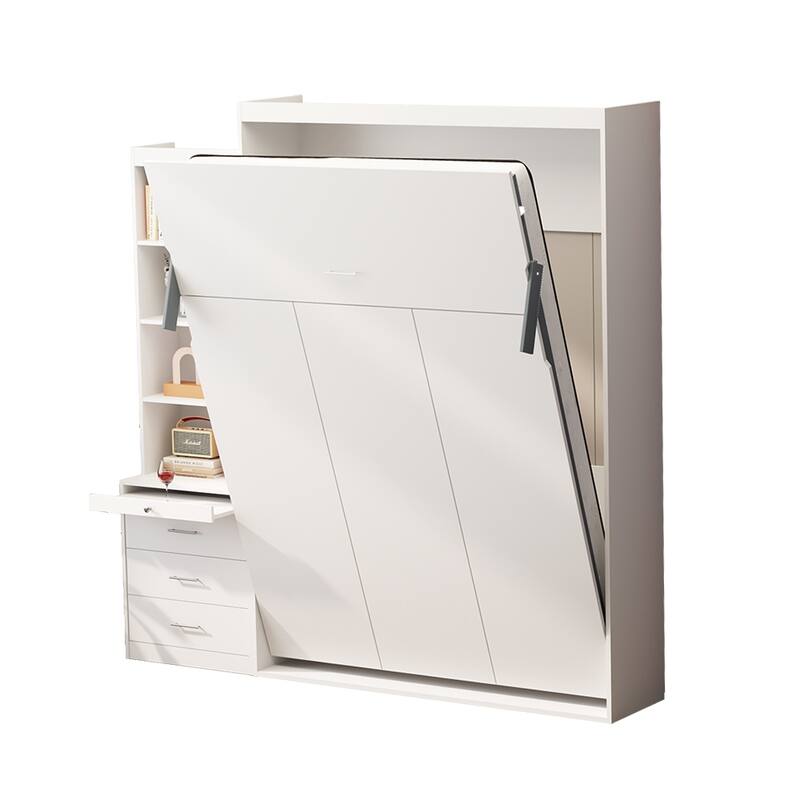 White Full Size Murphy Bed with Storage Shelves and Drawers - Vertical Wall Bed with Gas Struts