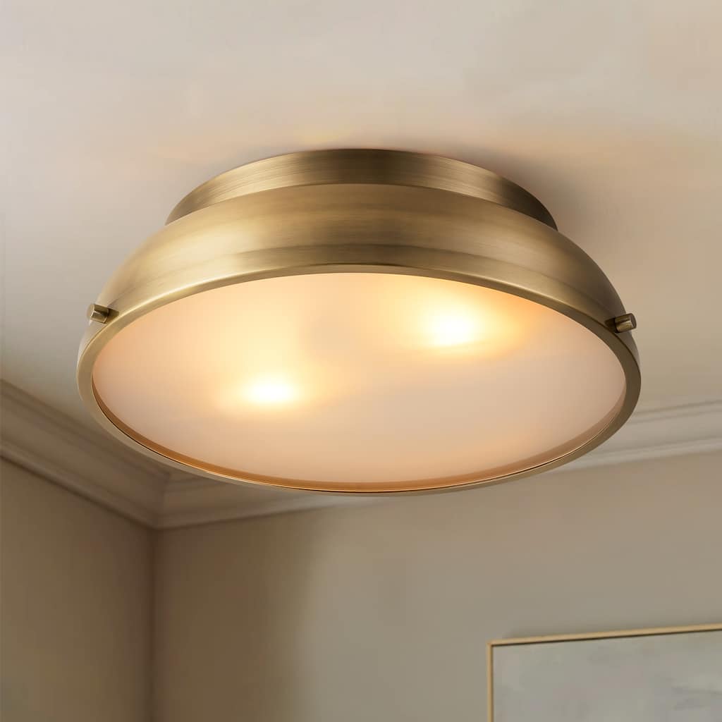 2-Light Mid-Century Modern Aged Bronze Frosted Glass Cylinder Drum Dome Flush Mount Ceiling Lights - Aged Bronze