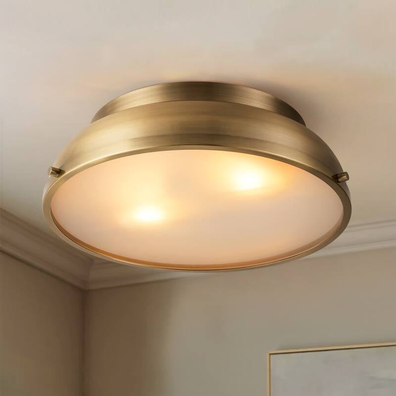 Rennnsan 14.2 in. 2-Light Mid Century Modern Aged Bronze Drum Flush Mount Ceiling Lights with Frosted Glass for Foyers/ Hallways