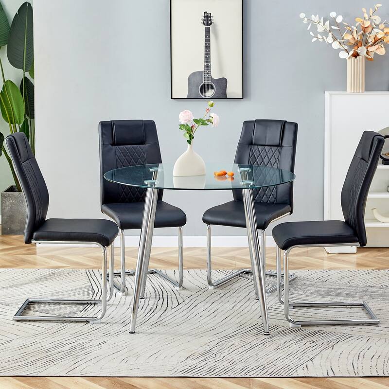 5-Piece Modern Glass Dining Table Set, 38" Round Table with Metal Legs & 4 High-Back PU Leather Chairs for Kitchen, Office