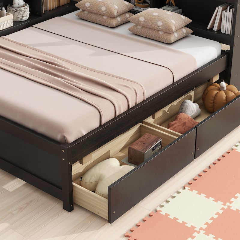 Full Size Bed with L-Shaped Bookcase, USB Charging Ports, 2 Storage Drawers, Power Outlets, and Espresso Finish