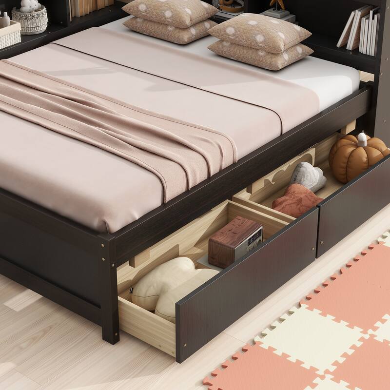 Wooden Platform Sofa Bed Frame with L Shaped Bookcase and Charging Station, Living Room Corner Daybed with 2 Storage Drawers