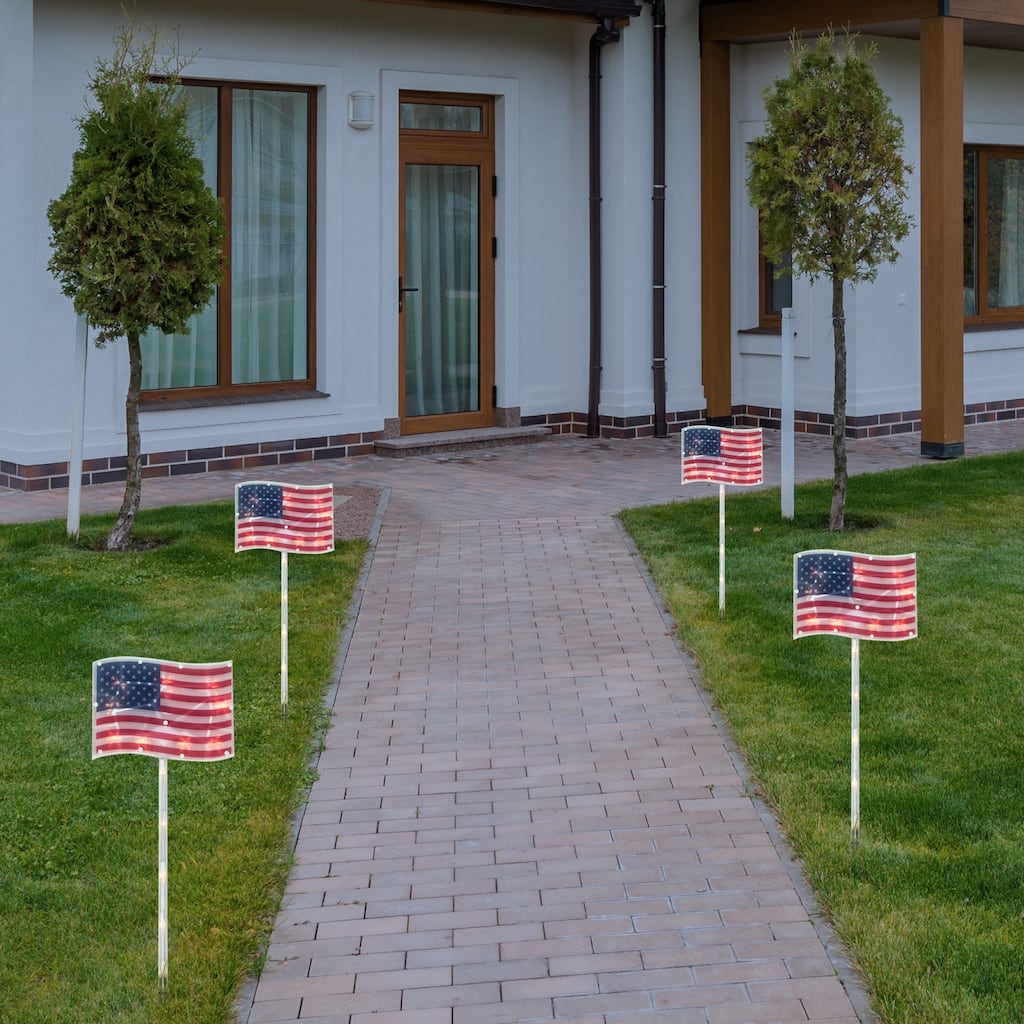4ct Patriotic American Flag 4th of July Lawn Stakes Clear Lights