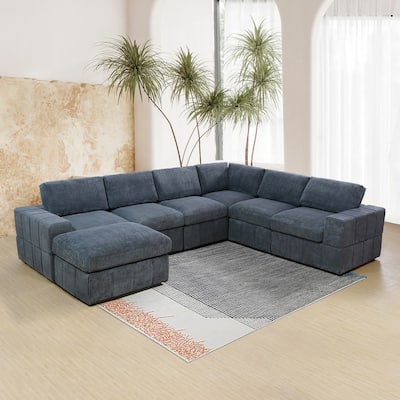 Oversized Corduroy 7 - Piece Corner Sectional Sofa Couch with Ottoman for Living Room Sofa Set