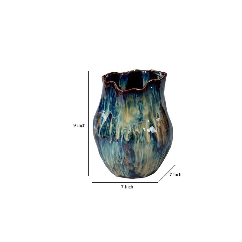 Fera Decorative Flower Vase, Ruffled Edge, 9 Inch Shiny Blue Ceramic