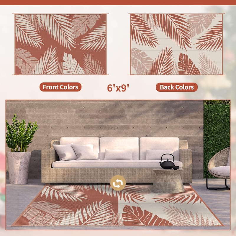 Reversible Outdoor Rug - Brick & Red Palm Leaf Design