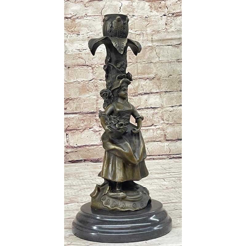 Young Woman Holding A Basket Of Flowers - Bronze Metal Candle Holder Candelabra Sculpture