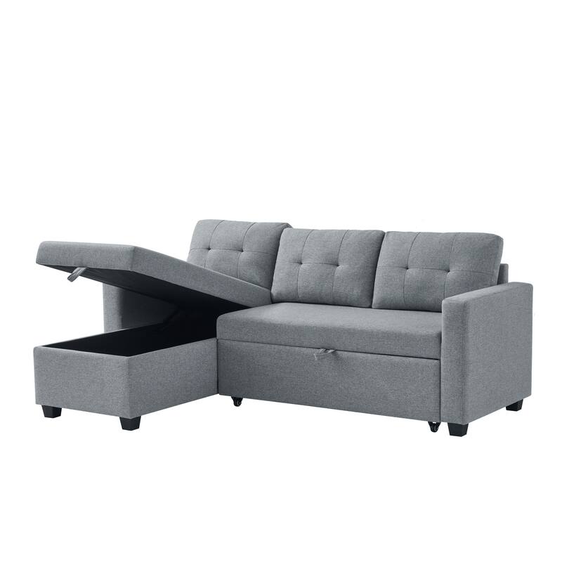 81.5" Linen Upholstered Sectional Sofa with Pull-Out Bed and Storage Chaise, Convertible 3-Seater