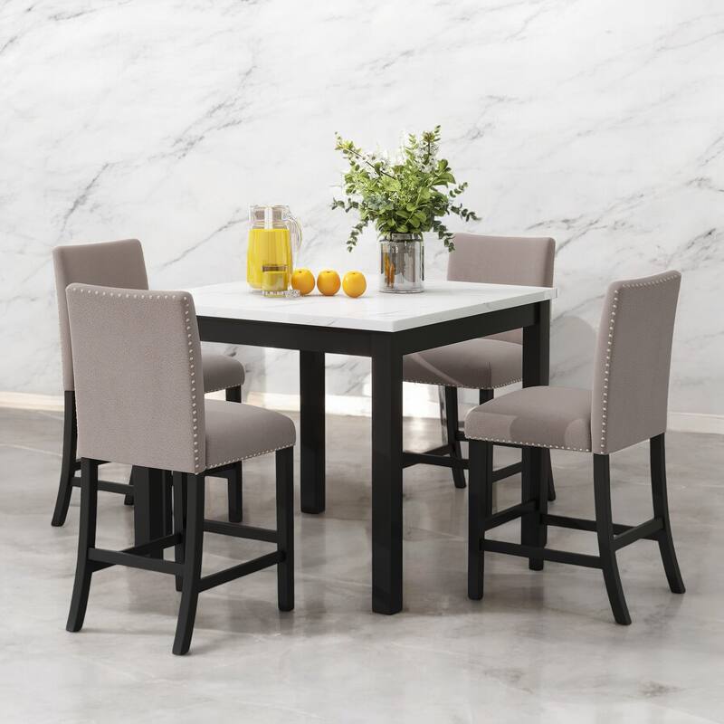 5-Piece Counter Height Dining Table Set with Faux Marble Top, Velvet Upholstered Chairs for Kitchen or Dining Room - Brown