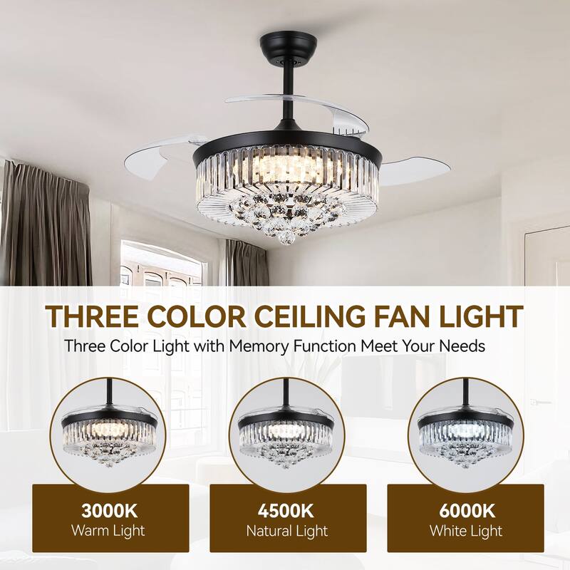 Kviflon 48'' Retractable Ceiling Fan with Lights and Remote 6 Speed, 3 Light Change Retractable Blade Chandelier Ceiling Fan