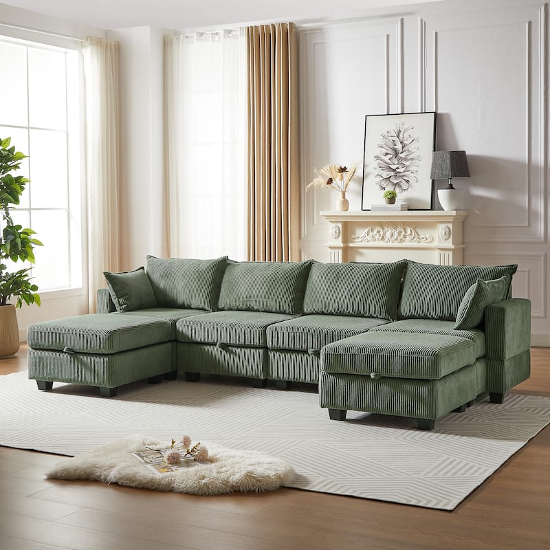 Roomfitters 113.5" Modular Corduroy U-Shaped Sectional Sofa, 6-Seater Convertible Couch with Chaise and Storage Ottoman
