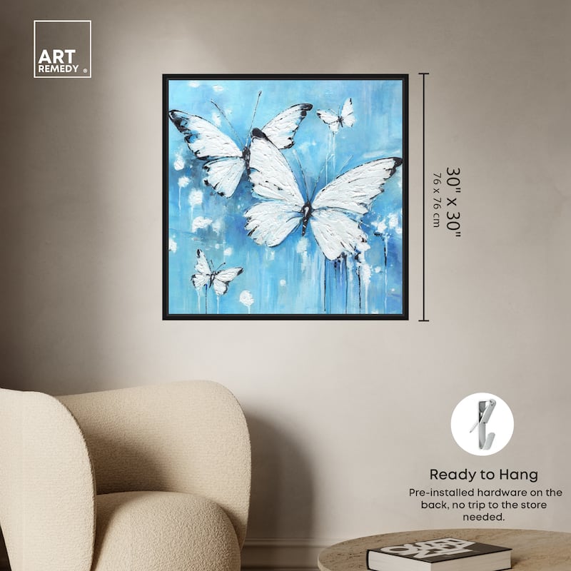 Art Remedy Textured Blue Butterflies Framed Butterfly 1 Piece Canvas Wall Art
