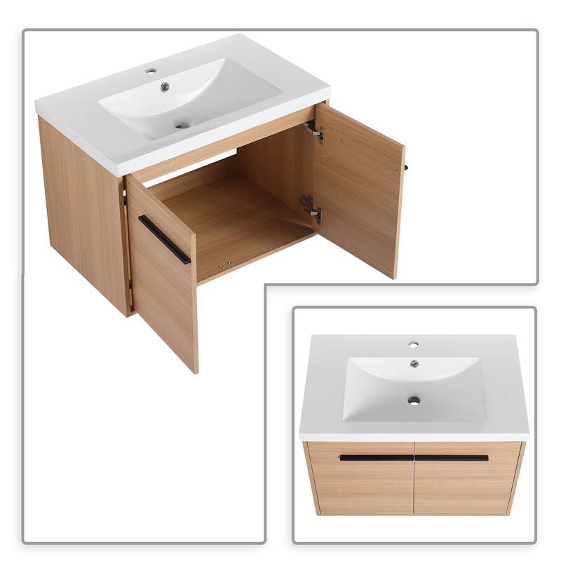 Classic Farmhouse Style Wall-Mounted Wooden Bathroom Vanity with Resin Countertop Sink