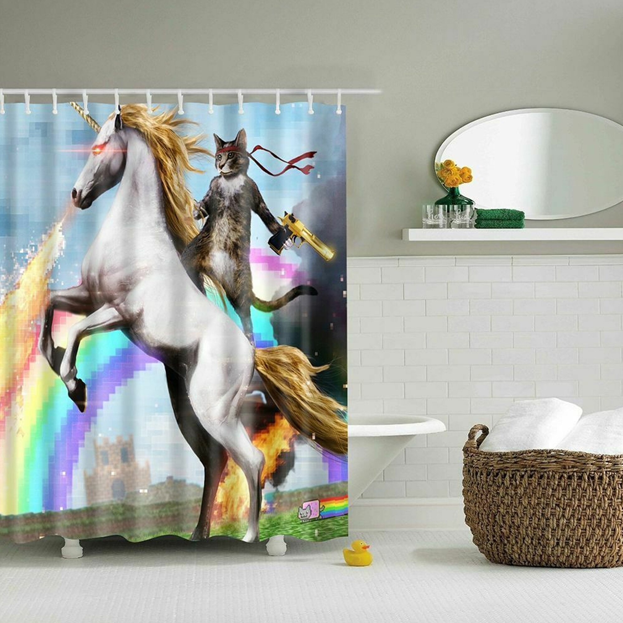 Cat Riding Unicorn Bathroom Shower Curtain Polyester Fabric Waterproof 12Hooks 