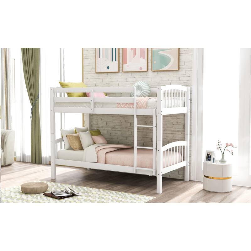 Twin over Twin Solid Wood Bunk Bed with Ladder & Fence