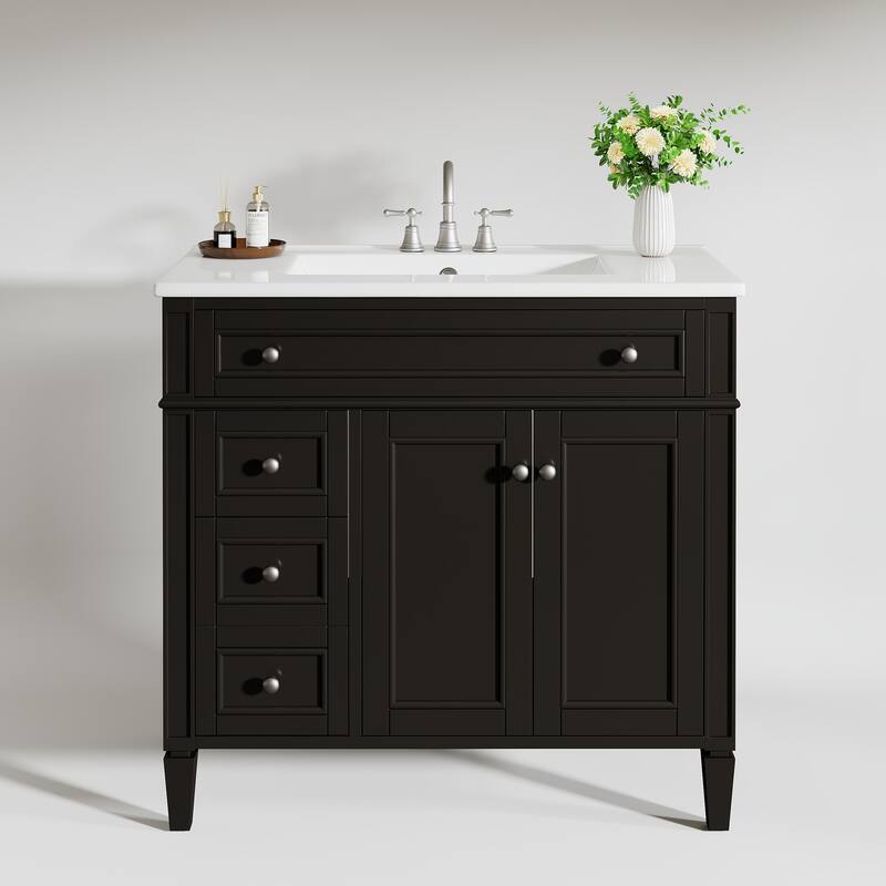 36" Bathroom Vanity with Sink, Modern Bathroom Sink Cabinet with 4 Drawers & 2 Doors, Solid Wood Frame