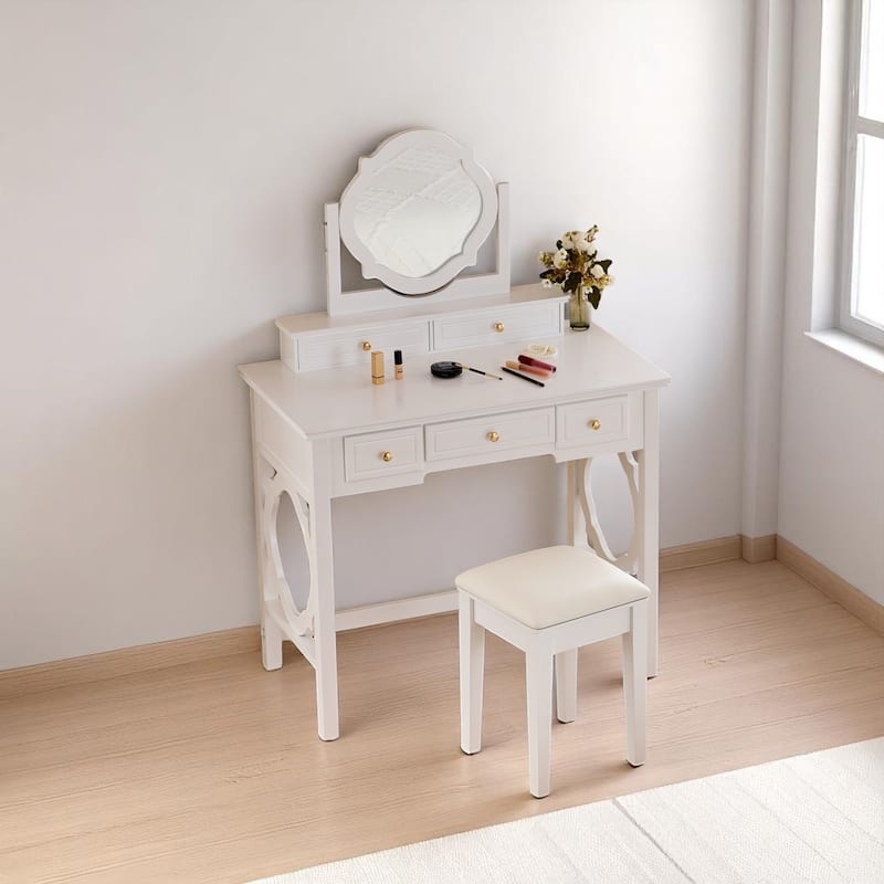 White Makeup Vanity Set with Four-Leaf Reversible Mirror, Drawers & Padded Stool, Space-Saving Dressing Table